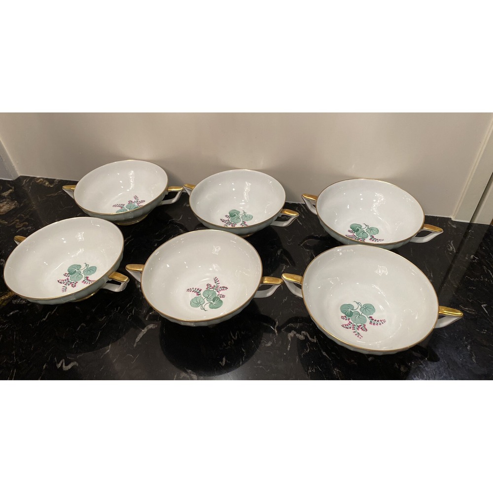 6 Royal Bayreuth Germany Swirl Turquoise Flat Cream Soup Bowls Double Handle